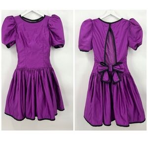 VTG Victor Costa Poofy Prom Evening Dress Open Back Big Bow Purple Open Back Med